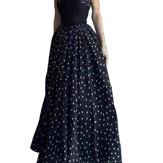 Black Polka Dot Strapless Fitted Bodice A-Line Maxi Dress