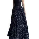 Black Polka Dot Strapless Fitted Bodice A-Line Maxi Dress