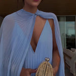 Light Blue Pleated Maxi Dress & Cape Two-piece Set
