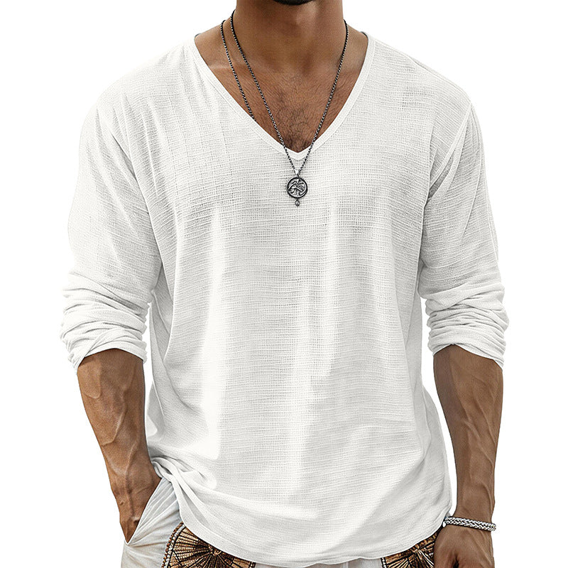 Men's Textured V-Neck Long Sleeve Top - white
