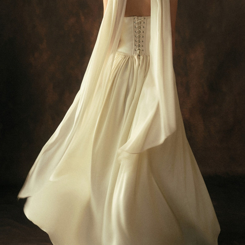 Cream Satin V-Neck Fitted Bodice Full A-Line Gown with Sheer Scarf
