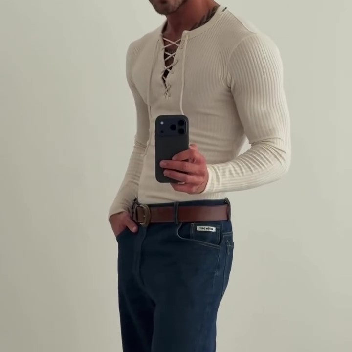 Beige Ribbed Knit Lace-Up V-Neck Long Sleeve Top