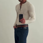 Beige Ribbed Knit Lace-Up V-Neck Long Sleeve Top