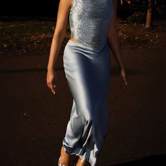 Elegant Sleeveless Tassel-trimmed Zippered Satin Fishtail Maxi Dress Set - light blue