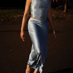 Elegant Sleeveless Tassel-trimmed Zippered Satin Fishtail Maxi Dress Set - light blue