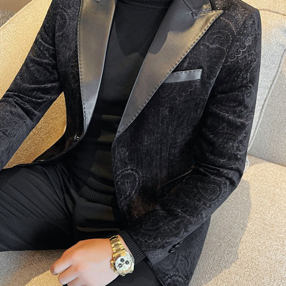 Jacquard Velvet Leather Lapel Men's Blazer