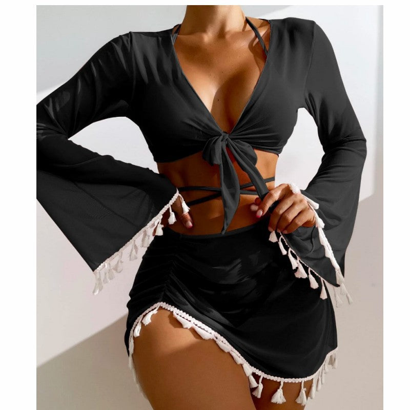 Boho Tassel-Trim Deep-V Tie-Front Flare-Sleeve Crop Top, Ruched Mini Skirt & Bikini 3-Piece Beach Set - black