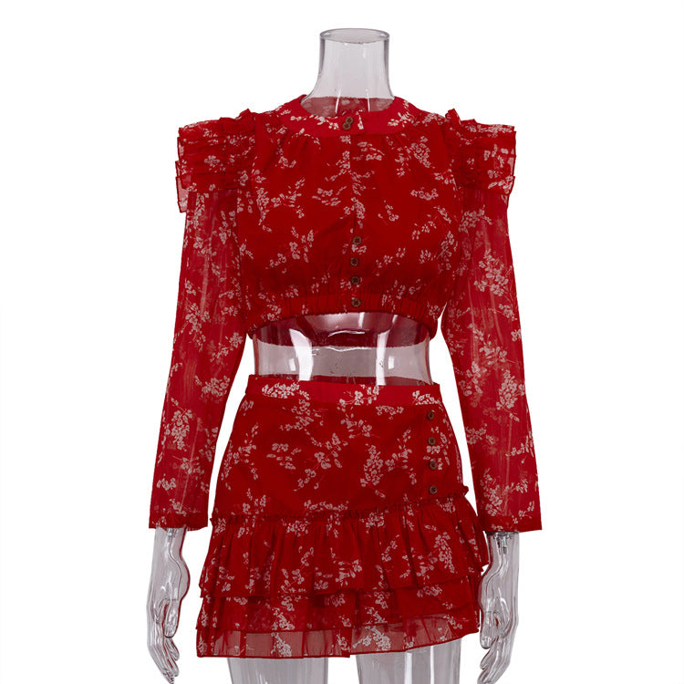 Round Neck Long-sleeved Cropped Top And Printed Mini Skirt Two-piece Set