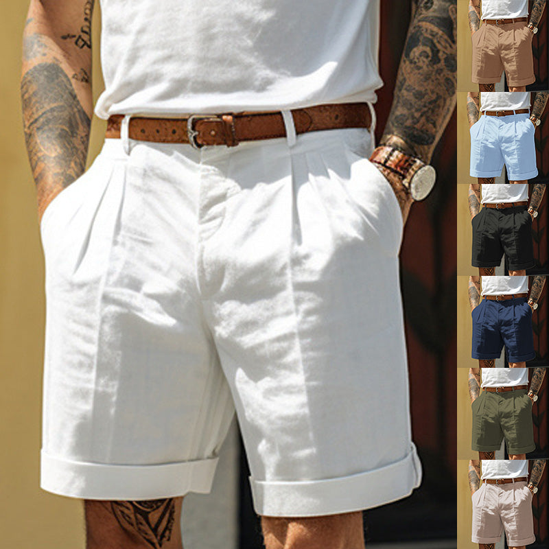 Pleated Linen Shorts with Turn-Up Hem