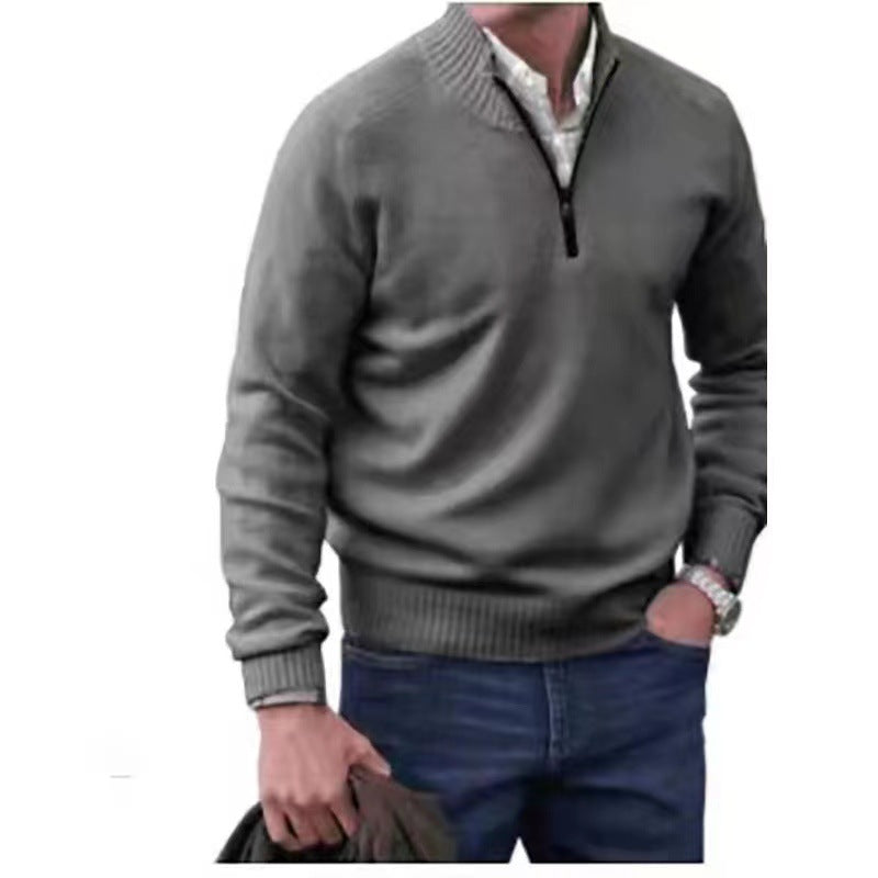Zipper Stand Collar Knitted Sweater - grey