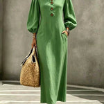 V-Neck Puff-Sleeve Button-Chest Maxi Dress - reen