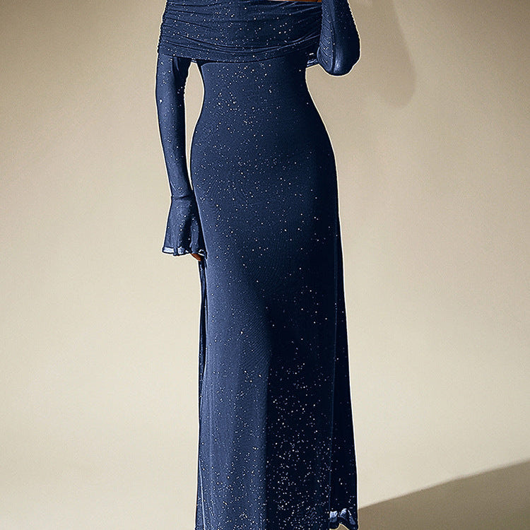 Off-Shoulder Maxi Dress With Glitter Detail And Mesh Sleeves - navy blue