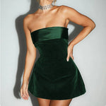 Strapless Contrast-Band A-Line Mini Dress - dark green