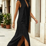 Sleeveless Stand Collar V-Neck Pocket Split Midi Dress - black