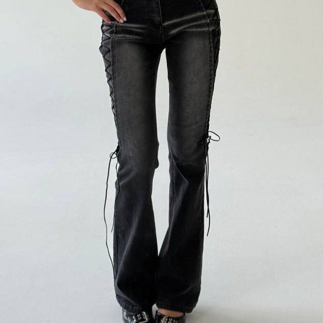 Washed Distressed Side Lace-Up Flare Jeans