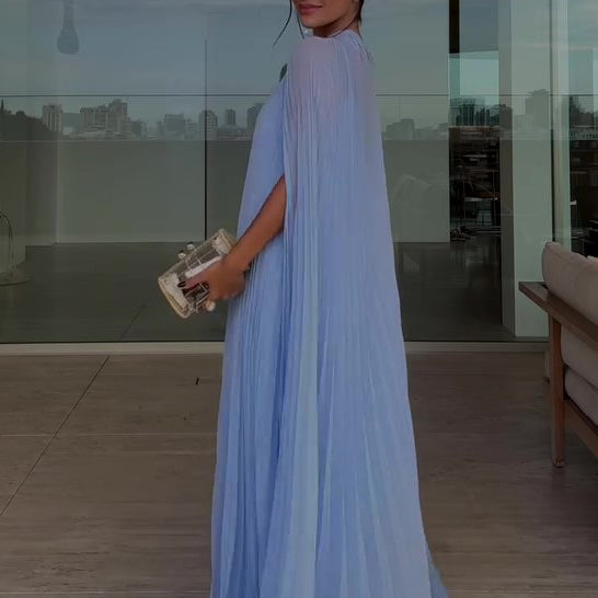 Light Blue Pleated Maxi Dress & Cape Two-piece Set