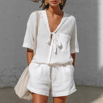 Short-sleeve Shirt Loose Shorts Set -white