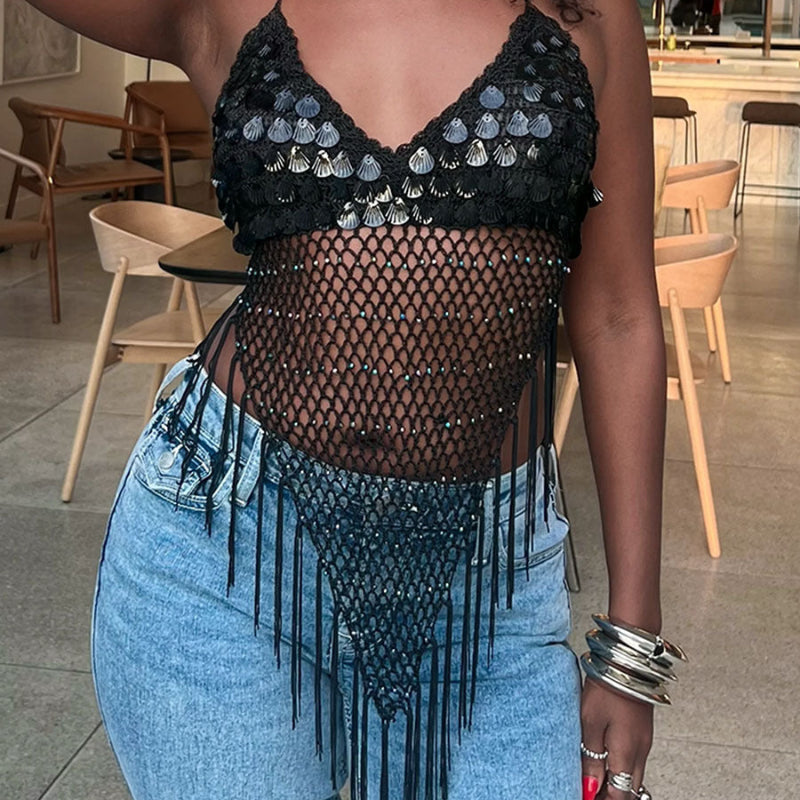 Sequined Tassel Camisole Top