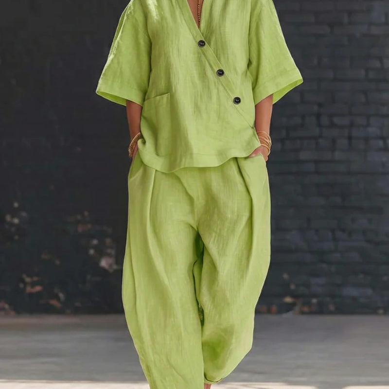Loose-fit V-neck Top And High-waist Trousers - green