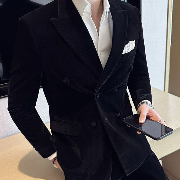 Peak Lapel Double-breasted Velvet Two-piece Suit - black