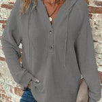 Long-sleeved Drawstring V-neck Hooded Sweater - grey