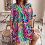 Abstract Swirl Print Camp-Collar Shift Dress - red