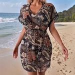 Short-sleeve V-neck Dress With An Elastic Waist - brown
