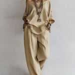 Three-quarter Sleeves Top And Loose Pockets Wide-Leg Pants Set - beige