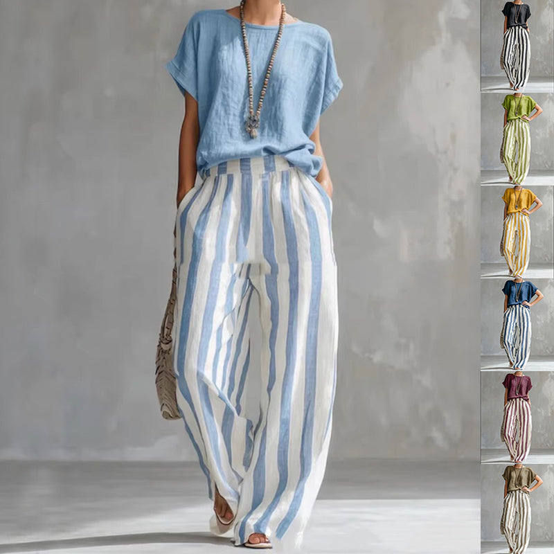 Round Neck Pullover T-Shirt And Striped Print Straight Leg Pants - blue