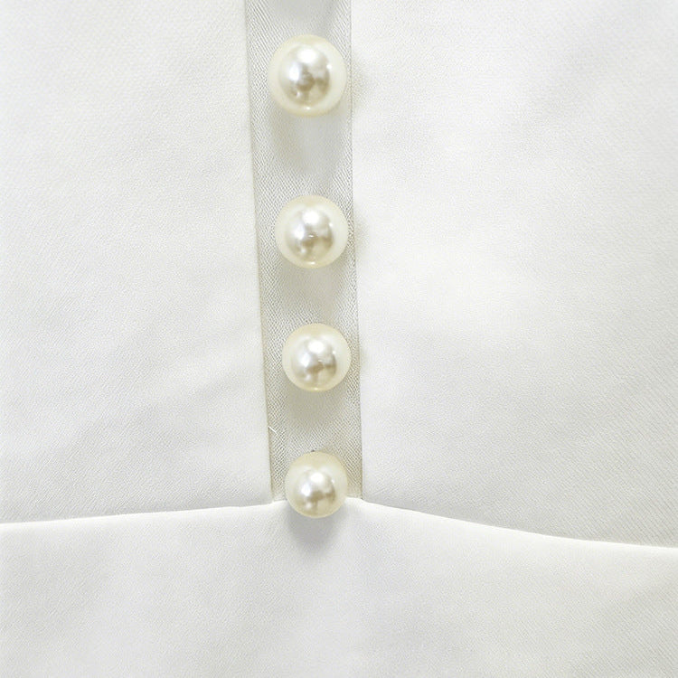 Pearl-Sleeve Tailored Blazer & Wide-Leg Flare Trouser Suit - white