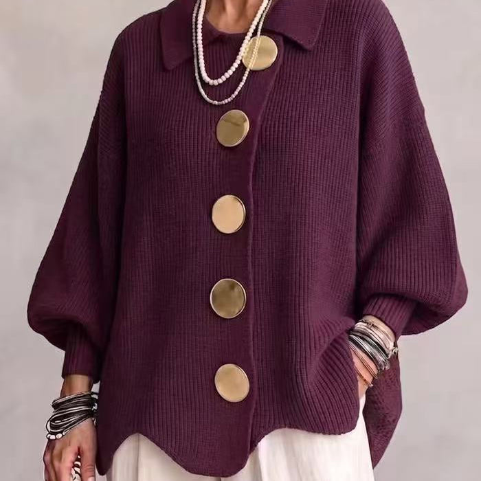 Collared Knit Sweater with Statement Buttons - wine red