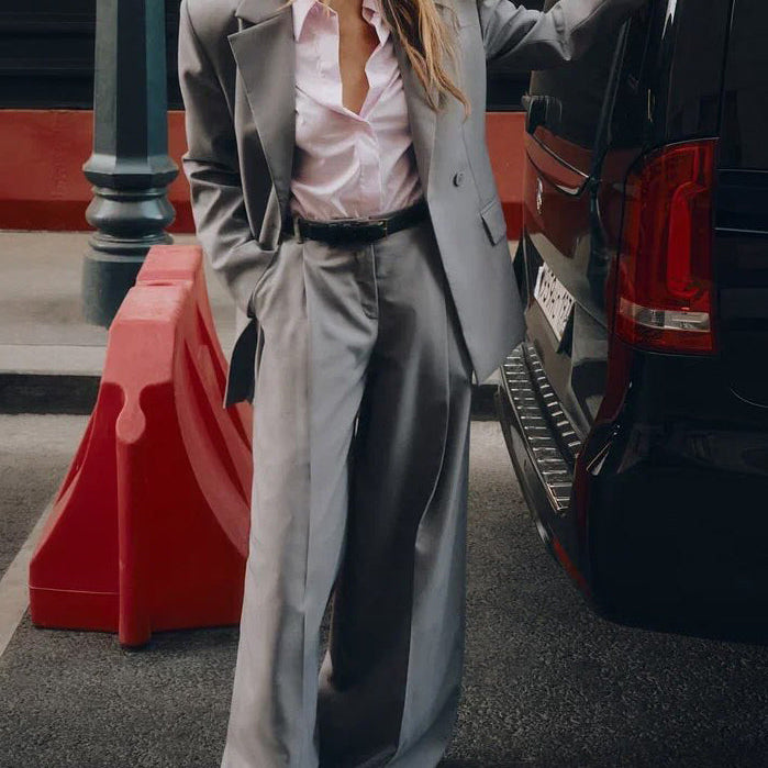 Grey Single-button Blazer & Wide-leg Pants Suit