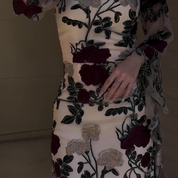 Mesh Floral Embroidered Long-sleeved Maxi Dress