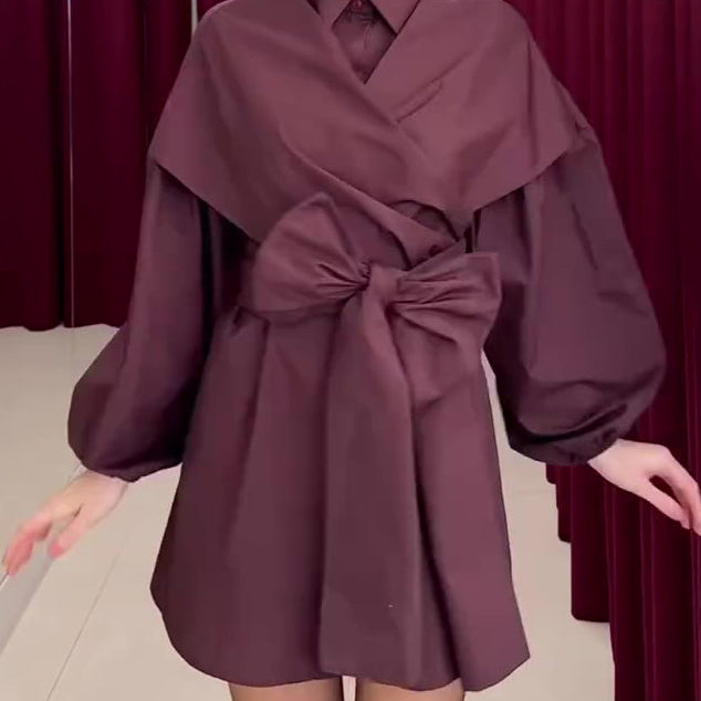 Deep Magenta Structured Wrap Tie-Waist Puff Sleeve Shirt Mini Dress