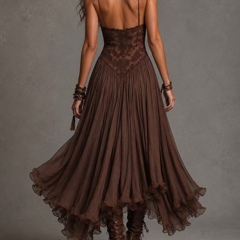 Lace-Detail Flowing Midi Dress - brown