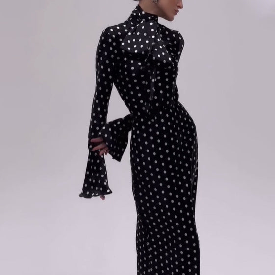 Polka Dot Strappy Bell Sleeve Maxi Dress