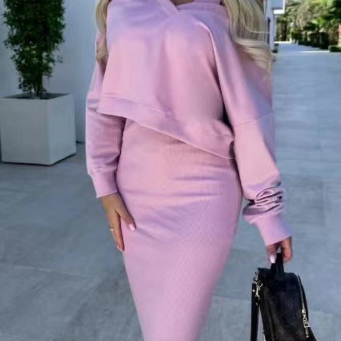 V-neck Pullover Sweatshirt And Sleeveless Dress Set - pink
