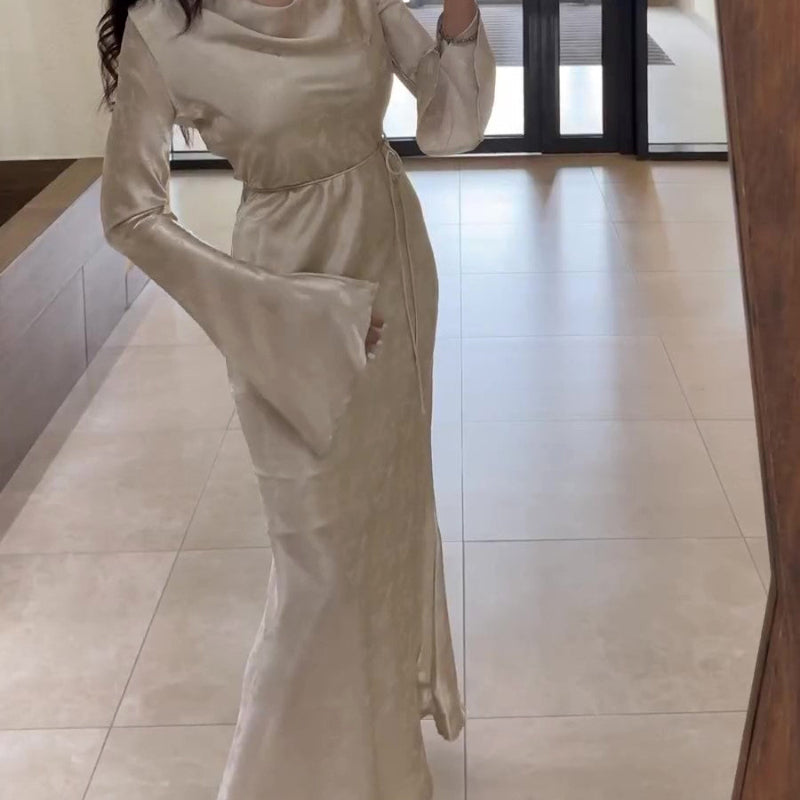 Swing Collar Long Sleeve Jacquard Maxi Dress