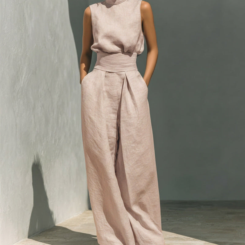 Stand-up Collar Pullover Top And Loose Straight-leg Trousers