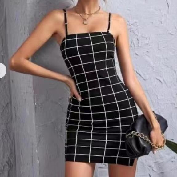 Retro Plaid Sexy Spaghetti Strap Bodycon Mini Dresses