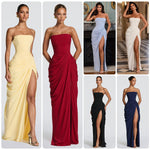 French Style Romantic Strapless Pleated Slit Maxi Dress
