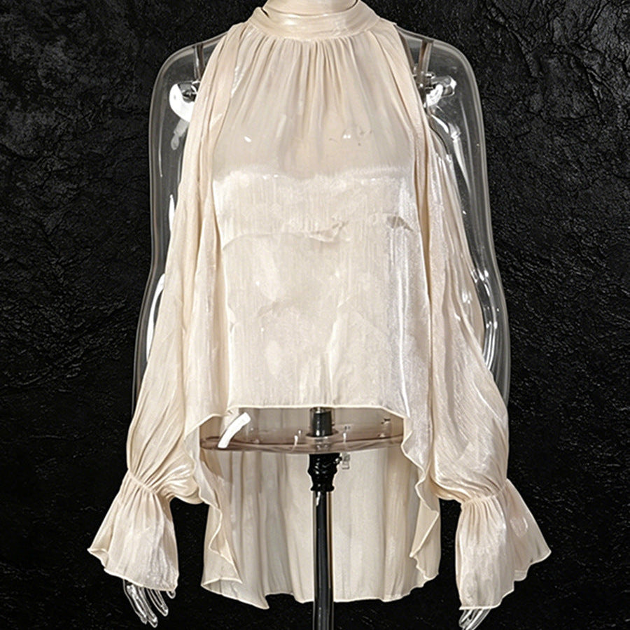 Apricot Cream Satin Cold-Shoulder High-Halter Billowy Sleeve Ruffled-Cuff Asymmetric Blouse