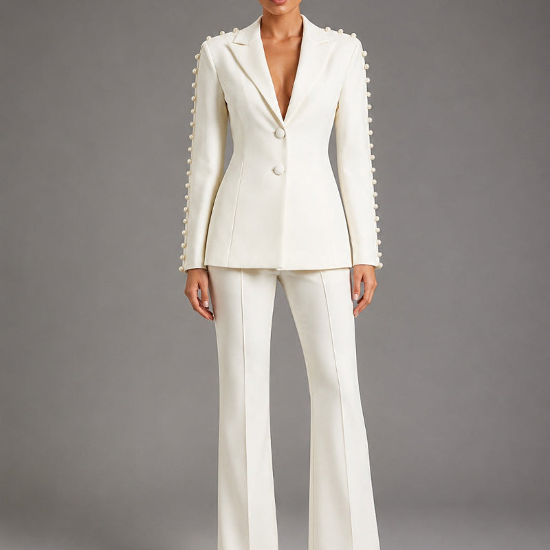 Pearl-Sleeve Tailored Blazer & Wide-Leg Flare Trouser Suit - white