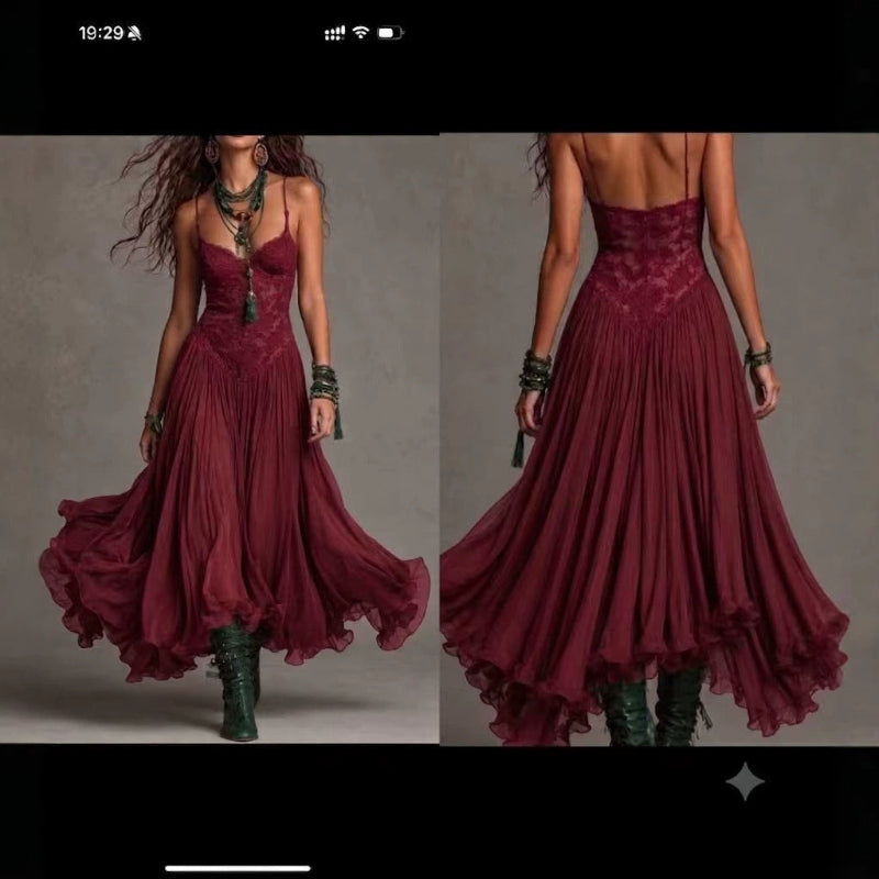 Lace-Detail Flowing Midi Dress - wine red