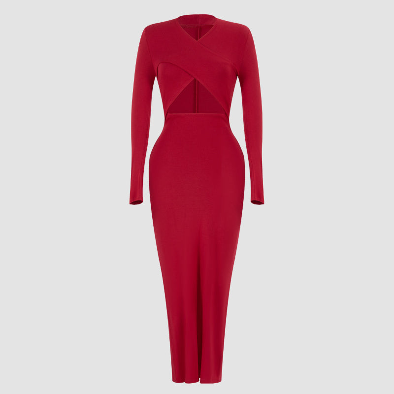 Burgundy Red Cutout Long-sleeved Bodycon Maxi Dress
