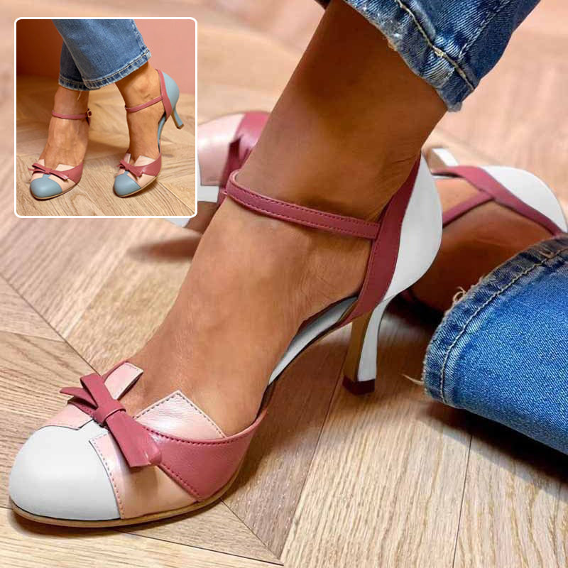 Colour-Block Bow Ankle-Strap Heels - pink