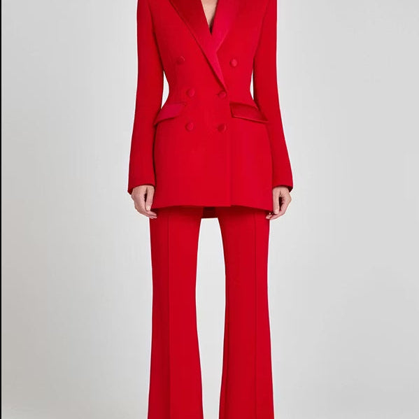 Red Double Breasted Satin Lapel Blazer And Trousers 2-Piece Suit