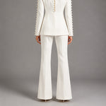 Pearl-Sleeve Tailored Blazer & Wide-Leg Flare Trouser Suit - white