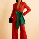 Bold Scarlet Tailored Pantsuit With Emerald Waist Bow