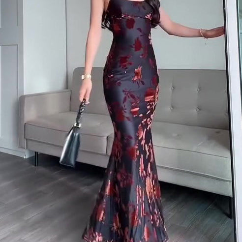 Flocked Strappy Maxi Dress